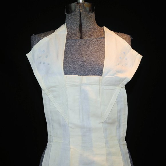 Vintage 50's Ivory Pleated Cotton Full Bib Apron Circle Embroidery Pin-On Waist - Picture 4 of 11